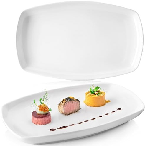 Sänger | Bilgola Servierplatten 2er Set – Porzellan Servierteller Weiß | rechteckige Teller mit abgerundeten Ecken 23 x 34 cm für Fleisch, Fisch & Snacks | Spülmaschinenfest | PREMIUM COLLECTION