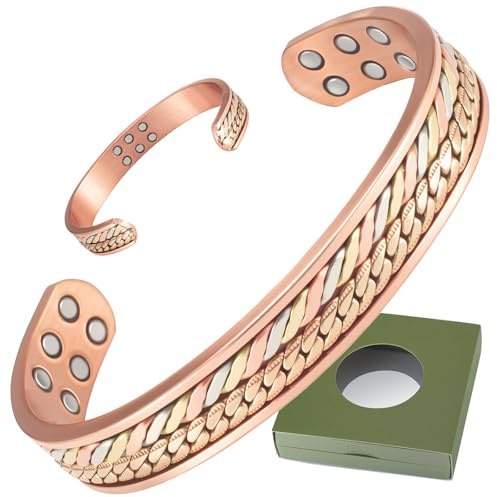 Wollet Bracciale in rame per uomo, bracciale da uomo, bracciale magnetico in tessuto con 18 potenti magneti all'interno, con confezione regalo (CPB-2805 x 18)