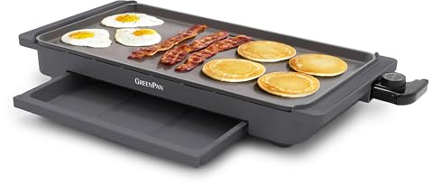 GreenPan Advanced 10.5”x 20” Electric Griddle with Warming Drawer, Healthy Ceramic Nonstick PFAS-Free Coating, Temperature Control, Easy and Versatile Countertop Meals, Dishwasher Safe, Graphite