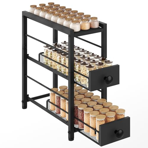 YATINEY Kryddhylla med 3 nivåer, kryddhylla för köket, kryddorganiserare, utdragbara lådor, för sirap, kryddor, kaffekapslar, för köksbänk, matbord, sminkbord, svart XSR02BB
