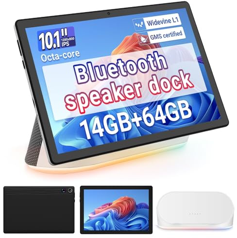 Whitedeer Tablet con Base Altavoz Bluetooth, Tablet 10 Pulgadas Octa-Core, Carga inalámbrica, 14GB RAM + 64GB ROM + 1TB Memoria Ampliable, Tablet Android 1280×800 P, 5 MP+8 MP, 5000 mAh