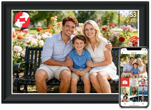 Marco de fotos digital FRAMEO de 64 GB de 10,5 pulgadas WiFi Smart 1920 x 1280 FHD pantalla táctil IPS, rotación automática, tarjeta SD de soporte en unidad USB, 2,4/5 GHz, control de aplicaciones a