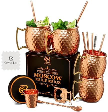 COPPER-BAR Moscow Mule Copper Mugs - Unique HANDCRAFTED Gift Set of 4, Hammered by Artisan, 100% Pure Solid Copper Cups 16oz for Drinking Water & Cocktails, Include 19 Pcs accessories & Special Opener