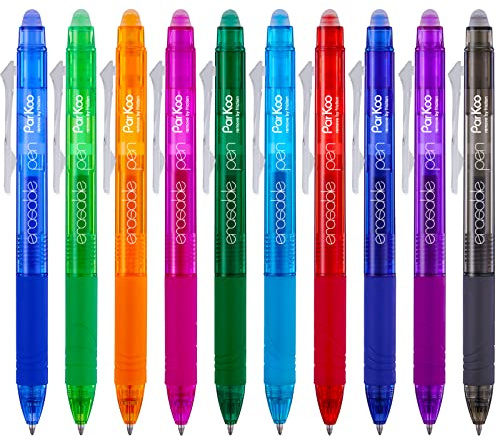 ParKoo Retractable Erasable Gel Pens Clicker, Fine Point 0.7mm, Assorted Color Inks for Drawing Writing, 10-Pack