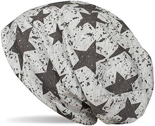 styleBREAKER Unisex Stoff Beanie Mütze mit Sterne Splat Style Print, Leichte Longbeanie mit Farbspitzer Muster 04024185, Farbe:Hellgrau meliert