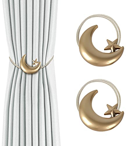 Dalababa 1 Pair Magnetic Curtain Tiebacks Drape Tie Backs Creative Metal Holdbacks Window Curtain Accessories for Home Bedroom Office,Gold Star Moon