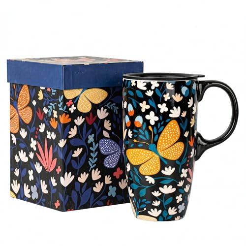 DUSVALLY Coffee Ceramic Mugs Travel Coffee Mug Porcelain Latte Tea Cup with Lid and Gift Box 17oz.Tall Coffee Mug, Butterfly
