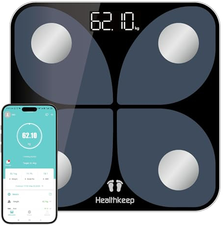 Bilancia pesapersone digitale, vincitore del test con app Smart, bilancia per analisi del corpo Bluetooth, per grasso corporeo, BMI, massa muscolare, proteina, BMR