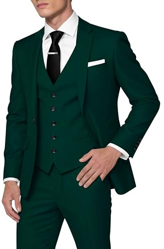 HUUTOE Trajes de 3 Piezas para Hombre, Ajuste Delgado, Trajes de graduación para Hombre, Vestido de Boda, Traje de Verano, Chaqueta, Chaleco, Pantalones, Esmoquin, Verde Oscuro, X-Large