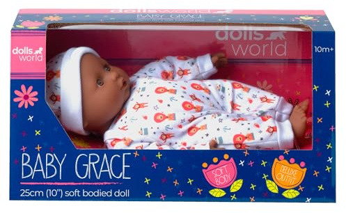 Dolls World from John Adams | Baby Grace Doll | Dark/Black Skin 25cm Soft Bodied Doll with Removable Outfit & Hat | Baby Dolls for Girls with Accessories | Cuddly Toys for Girls Ages 10 Months+
