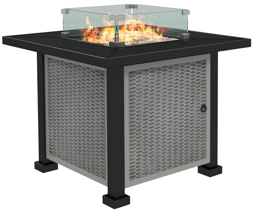 Outsunny Square Propane Gas Fire Pit Table, 50000 BTU Rattan Smokeless Firepit Patio Heater with Glass Screen, Glass Beads and Lid, 81cm x 81cm x 64cm, Grey