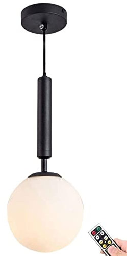 WLSREN Wireless Battery Operated Pendant with Remote & Dimmable Bulb, Not Hardwired Battery Powered Ceiling Lamp, White Frosted Glass Globe Shade Adjustable Island Kitchen Dining Room Bedroom Light