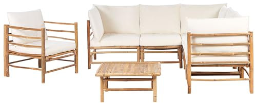 Modulär Hörnsoffgrupp i 7 delar Trädgård 5-sits med Fåtölj och Soffbord Kuddar Bambu Off-White Cerreto
