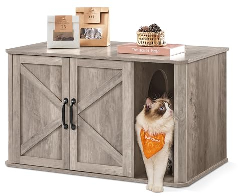 Feandrea kattkoja, modernt kattlådeskåp, ingång fram, med dubbeldörr och handtag, som sideboard, 85 x 48,5 x 50 cm, gråmelerad PCL012G01