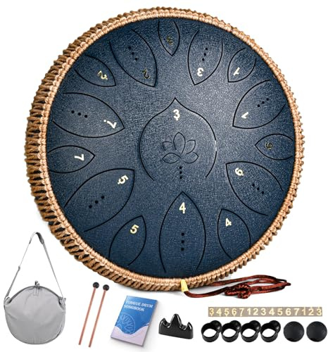 Tambour à langue en acier 33 cm 15 notes, tambour à main pour adultes 432 Hz, instrument de musique Handpan en do majeur avec livre de chansons, maillets et sac de transport, bleu marine