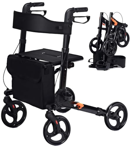 HOMASIS Déambulateur 4 Roues Pliable en Aluminium avec Siège Réglable en Hauteur, Rollator Léger avec 2 Freins, Déambulateur Fauteuil Roulant d'Appartement Aide à la Marche pour Personnes Âgées