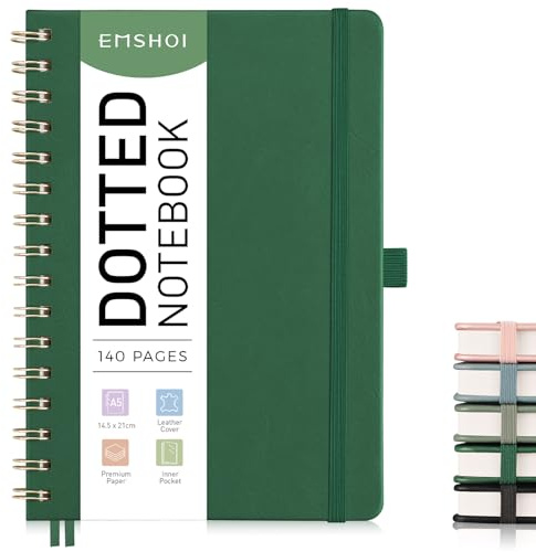 EMSHOI A5 Dotted Notebook, Spiral Notepad, 100gsm, PU HardCover Leather, Stencils, Pocket, Pen Loop, Ruler, Bookmark, 140 Pages Bullet Dot Grid Journal for Women Men Writing, 14.5 x 21cm, Green