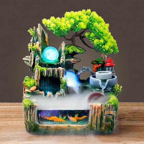 Charocean Fuente de habitación, cascada, fuente de mesa con iluminación LED y niebla, fuente de habitación pequeña con plantas, para la colocación en el salón o la oficina