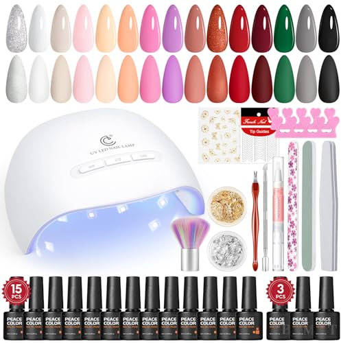 PEACECOLOR 31PCS Kit Vernis Semi Permanent Complet, 15 Couleurs Vernis Gel UV Semi Permanent avec Lampe à Ongles et Outils pour les Ongles Base et Top Coat Manucure Nail Art Kit