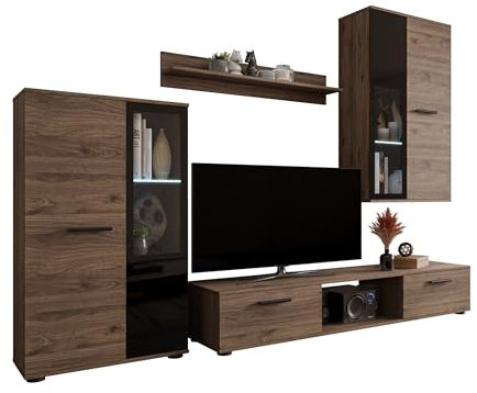 Mirjan24 Wohnwand Salsa, Design Mediawand, Modernes Wohnzimmer Set, Anbauwand, Hängeschrank, Vitrine, TV Lowboard, (Nuss Okapi, mit Blauer LED Beleuchtung)