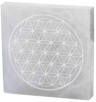 NKlaus Placa de carga de selenita cuadrada – Flor de la vida piedra energética 10 × 11 cm, limpieza energética y carga de piedras preciosas, trabajo energético y armonía espacial
