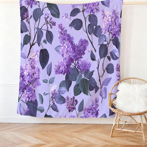 Púrpura Manta de otoño e Invierno, Mantas de Forro Polar cálidas, Suaves y cálidas Minimalista Hojas Flores Lilas Manta de Franela Estampada para Cama sofá y sillón - 150 x 200 cm