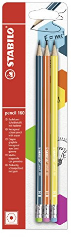 Crayon graphite HB - STABILO pencil 160 - blister x 3 crayons graphite HB avec bout gomme - Bleu ardoise / Orange / Jaune