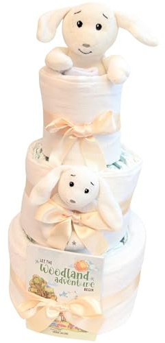 3 Tier New Baby Gift Hamper Organic Bunny Nappy Cake New Parents Essential Newborn Gifts Unisex Boy Girl White