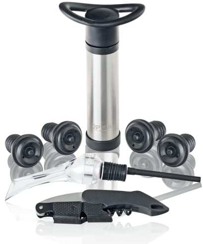 Qpractiko | Kit vino | Acero inoxidable, plata, 4 tapones silicona | Bomba de vacío, aireador, sacacorchos dos tiempos | Mantiene frescura y aroma en cada botella