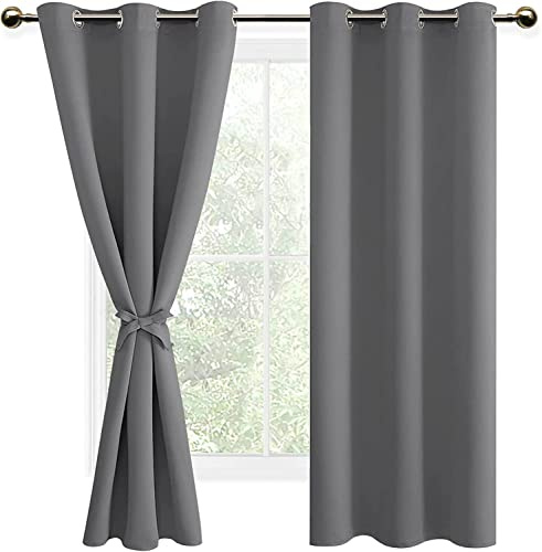 DWCN Grey Blackout Curtains with Tiebacks for Bedroom Thermal Insulated Solid Eyelet Curtains for Living Room,2 Panels,46 Wide x 72 Drop