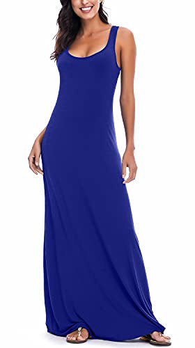 Mujeres Verano Informal Playa Sin Mangas Maxi Vestido Sólido Chaleco Largo Vestido (M, Real Azul)