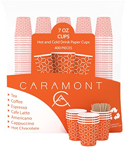 Caramont,400 Vasos de Cartón,7 onzas con Agitadores de Madera,Ecológicos y Desechables,Resistentes al Calor,Ideales para Café,Té,Cumpleaños,etc.