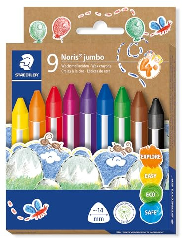 STAEDTLER Noris 228 14 C9 - Pastelli a Cera Jumbo, Tratto 14 mm, Colori Assortiti (Confezione da 9)