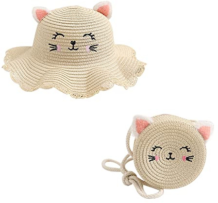 Girl Summer Wide Brim Floppy Beach Sun Hat Cute Straw Hat Woven Pocket with Cat Ears Suit for Outdoor Activities (Beige)