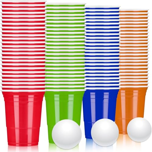 LATERN 100 Stück Wiederverwendbare Plastikbecher, 480ml Bier Pong Becher Set mit 25 Red Cup, 25 Blauer Pokal, 25 Grüner Pokal, 25 Orangen Becher, 10 Spiele Tischtennisbälle für Weihnachten Neujahrs
