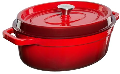 GRAND FEU Marmite en fonte émaillée avec couvercle et larges poignées - Cocotte ovale pour sauces à l’avoine, soupes - capacité 5.6L, Rouge