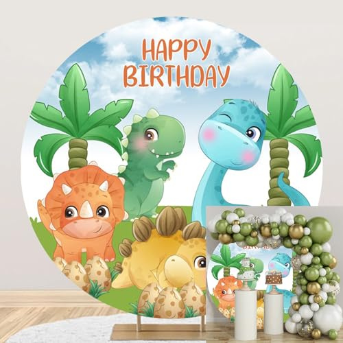 Ttincceer Sfondo Carino Dinosauro 200cm Buon Compleanno Cartone Animato Rotondo per Fotografia Acquerello Cocco Albero Uovo Fotografia Studio Prop
