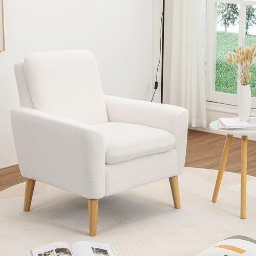 LADOKEE Sessel Wohnzimmer, Ohrensessel mit Armlehnen, Polstersessel modern Relaxsessel, Weißer Teddy Stoff, Cocktailsessel für Schlafzimmer Wohnzimmer Balkon Büro