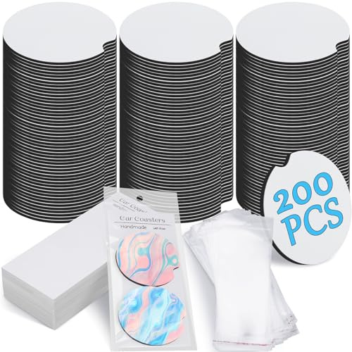 Tioncy 400 Pcs Sublimation Car Coaster Blank Set, 2.76'' DIY Craft Kit with Self-Adhesive Bags and Display Cards for Thermal Sublimation(White)