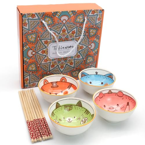 4pcs Porzellan Müslischalen,Glückskatzen-Muster,Salatschale,Geschenk-Set,300 ml/10 oz,Suppenschalen,für Dessert,Obst,Ramen (Karikatur)