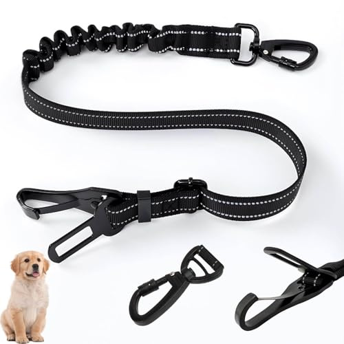 WUGAUWOR 3-in-1 Dog Seat Belt for Car, Black Dog Car Harness with Clip Hook Latch & Buckle, Alloy Carabiner, 50cm - 90cm Dog Seatbelt Made of Nylon Reflective Bungee Fabric Tether