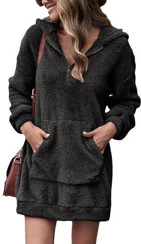 KBOPLEMQ Abito invernale da donna in pile, lungo, a maniche lunghe, con cappuccio, elegante, scollo a V, caldo, con tasche, tinta unita, per la casa, per l'autunno, mini maglione con tasca frontale