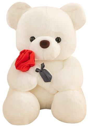 Regalos del Día de San Valentín para niños,Oso de Felpa con Rosa, 25 cm, Juguete Blando para cumpleaños y día de San Valentín, Parejas y Amigos (White)