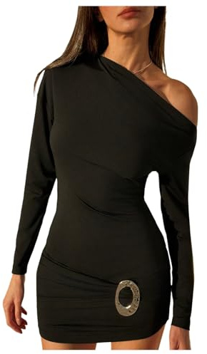 SOLY HUX Women's Off The Shoulder Mini Dress Long Sleeve Asymmetrical Neck Ruched Bodycon Dresses Solid Black Small