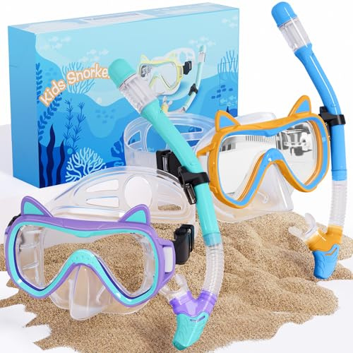 2026 Cute Kitten Kids Snorkel Set,Pastel Colors, Anti-Fog Tempered Glass Snorkeling Gear for Kids Age 6 and up – Ideal for Birthdays or Graduation Celebrations!