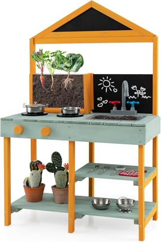 FANTASK Cuisine d'extérieur pour Enfant en Bois de Sapin avec bac à Plantes, 2 Tableaux Noirs, Robinet et lavabo (Vert)