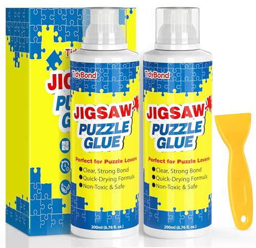 Jigsaw Puzzle Glue with Sponge Tip & Squeegee – Clear, Fast-Drying Puzzle Sealer for 1000/3000/5000 Piece Puzzles – Non-Toxic Adhesive for Paper & Wooden Jigsaw Puzzles – 200ML x 2 Pack