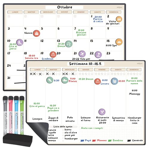 Milijou - Calendrier Magnétique pour Frigo A3 – Planning Mensuel et Hebdomadaire Effaçable – 42 Stickers Événements, 4 Marqueurs, 1 Gomme – Tableau Blanc Aimanté - Traqueur Bien-Être