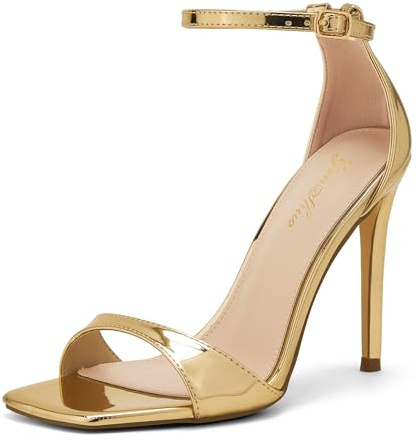 GENSHUO High Heeled Sandals for Women One Strap Heels with Square Open Toe 4 Inch Stiletto Ankle Strap Shoes Elegant Sexy Dress Wedding Party, Gold, 7 UK