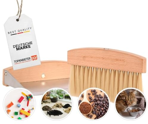 Premium 2tlg Tischkehrset Holz & Metall klein & leicht, Mini Schaufel & Besen Set magnetisch verbunden, Tischbürste Buche & Metall-Kehrschaufel, Tragbare Handfeger & Kehrblech für Küche, Büro & Kinder